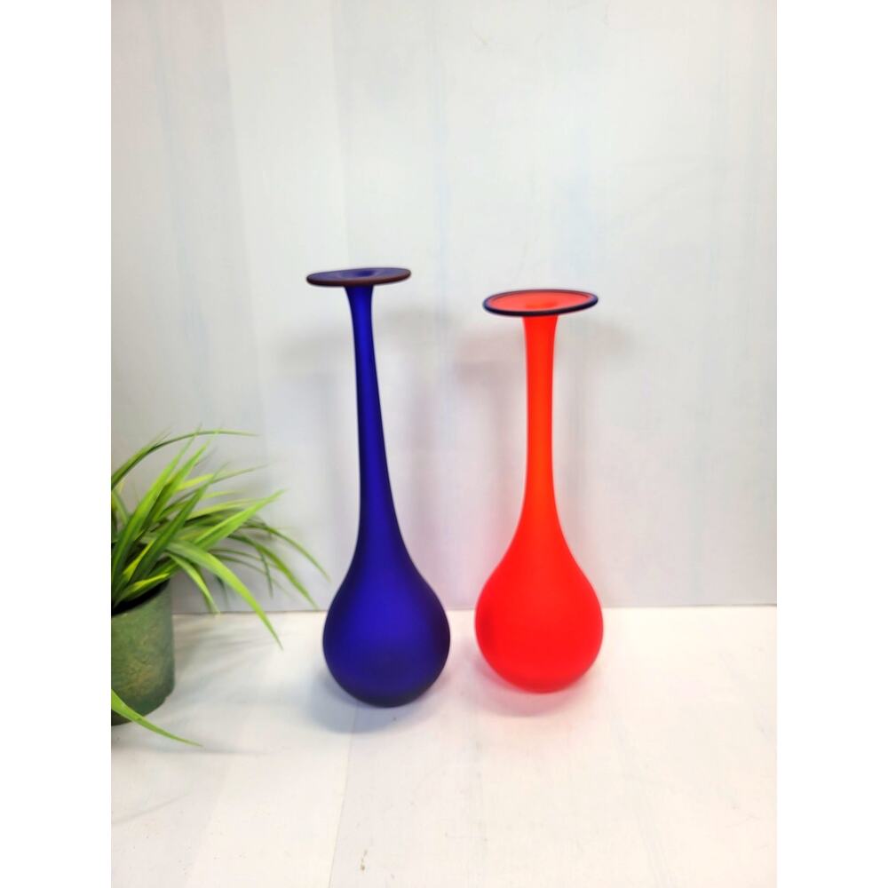 Vintage Pier 1 Imports Long Neck Bud Vases, Cobalt Blue Red Satin Glass Set - Picture 1 of 7